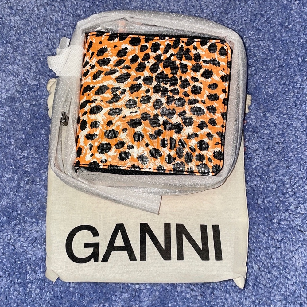 Ganni Leopard-Print Compact Wallet in Orange, Black & White